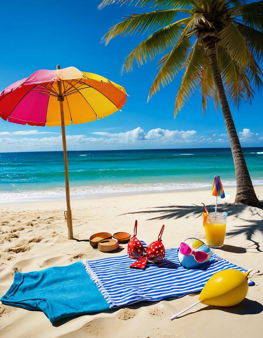 A vibrant beach scene showcasing an array of stylish and colorful bikinis hanging on a clothesline under a bright blue sky. Include a playful coconut drink in the foreground and sun-kissed sand with playful waves crashing in the background. The sunlight should reflect off the bikinis, making them pop. Create an atmosphere of summer fun and fashion. super-realistic. vibrant colors. beach background.