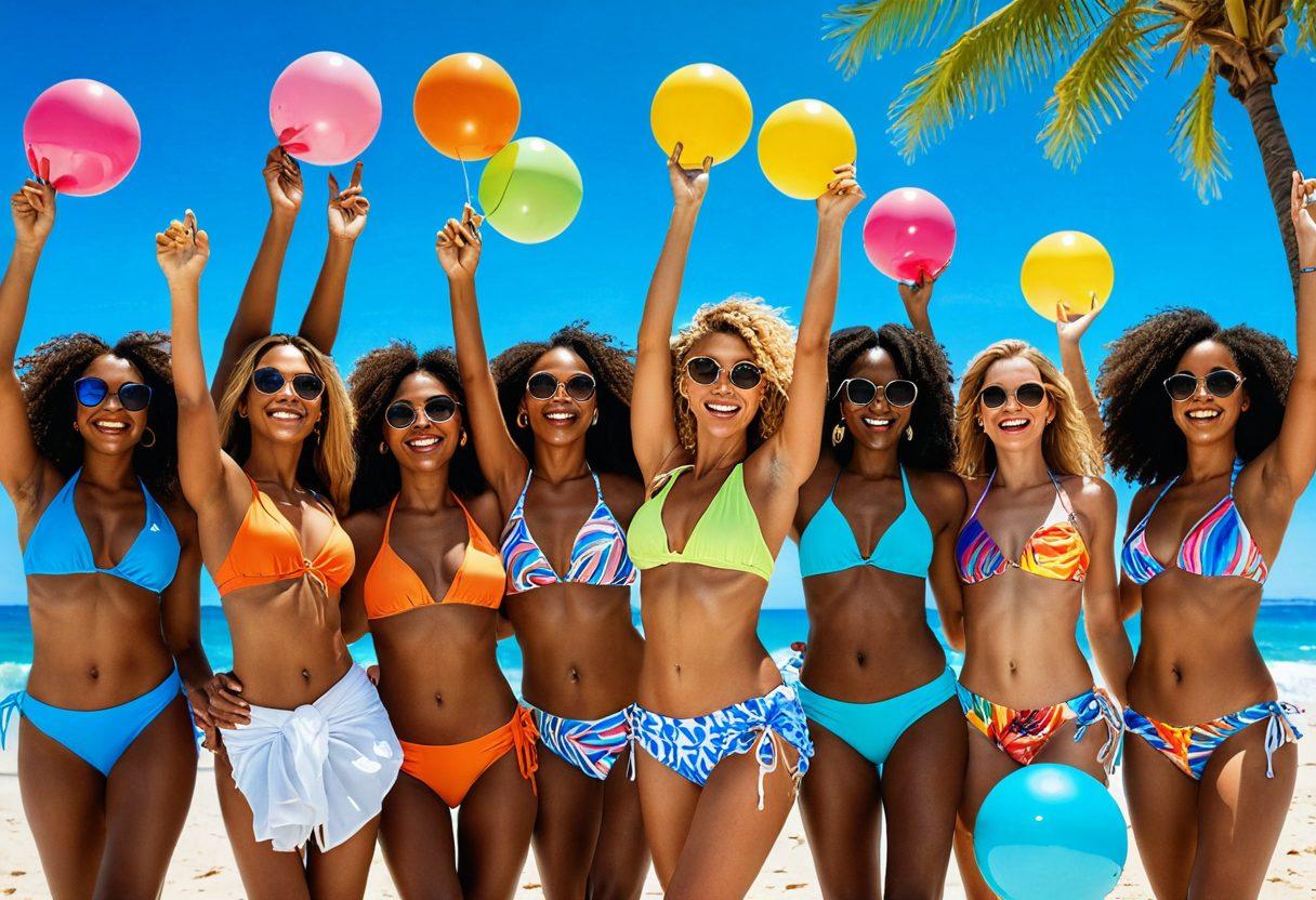 A vibrant beach scene featuring diverse women of various ethnicities showcasing different bikini styles, set against a clear blue sky and sunlit ocean waves. Add fun beach accessories like sunglasses and beach balls, with colorful tropical flowers lining the foreground. Emphasize a sense of freedom and joy with dynamic poses and smiles. bright colors. tropical vibes. super-realistic.