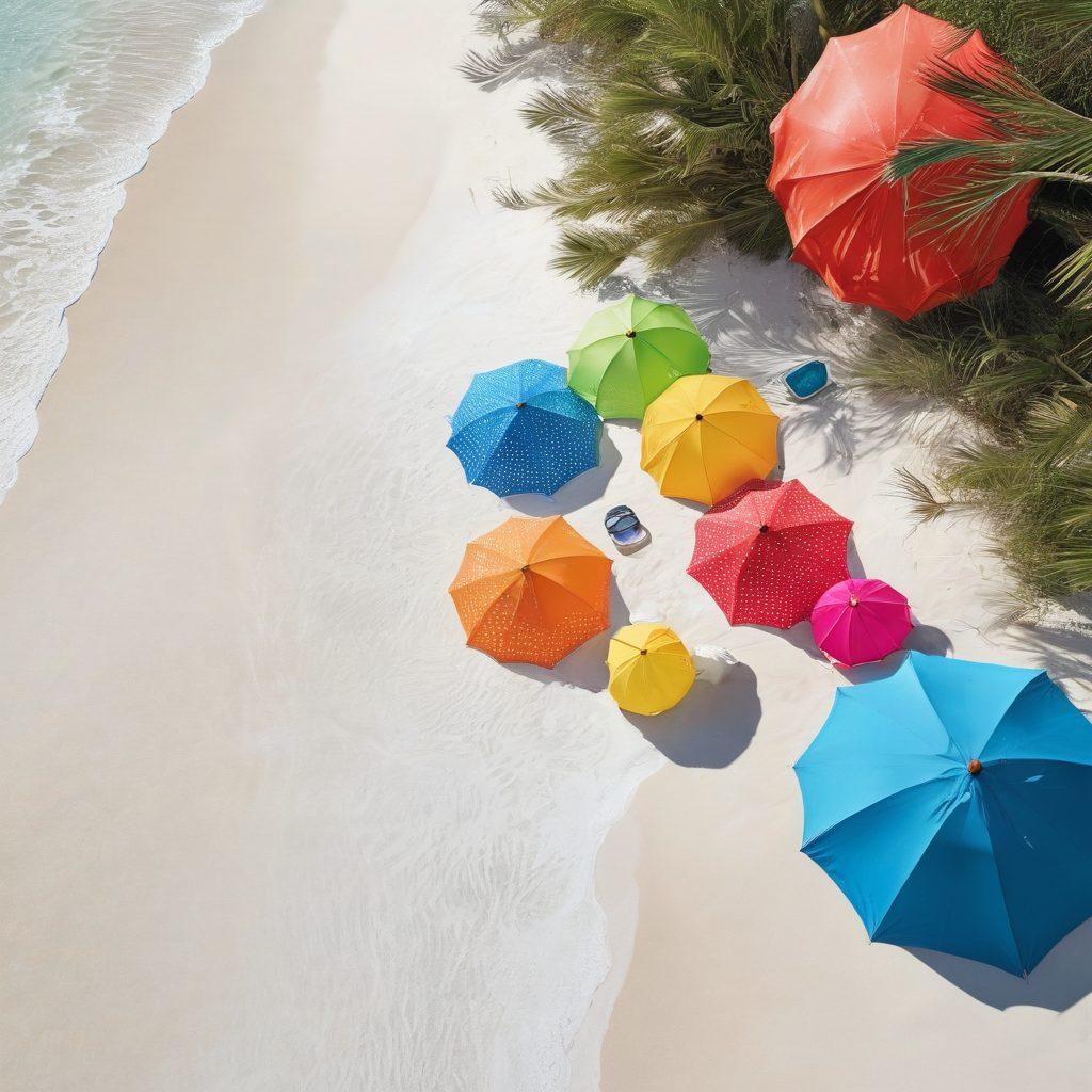 A sun-kissed beach scene featuring a diverse group of women wearing vibrant bikinis, showcasing various trendy styles. Include colorful beach accessories like wide-brimmed hats, sunglasses, and sarongs, set against a backdrop of clear blue water and white sand. Add playful beach elements such as beach balls and umbrellas for a lively atmosphere. super-realistic. vibrant colors.